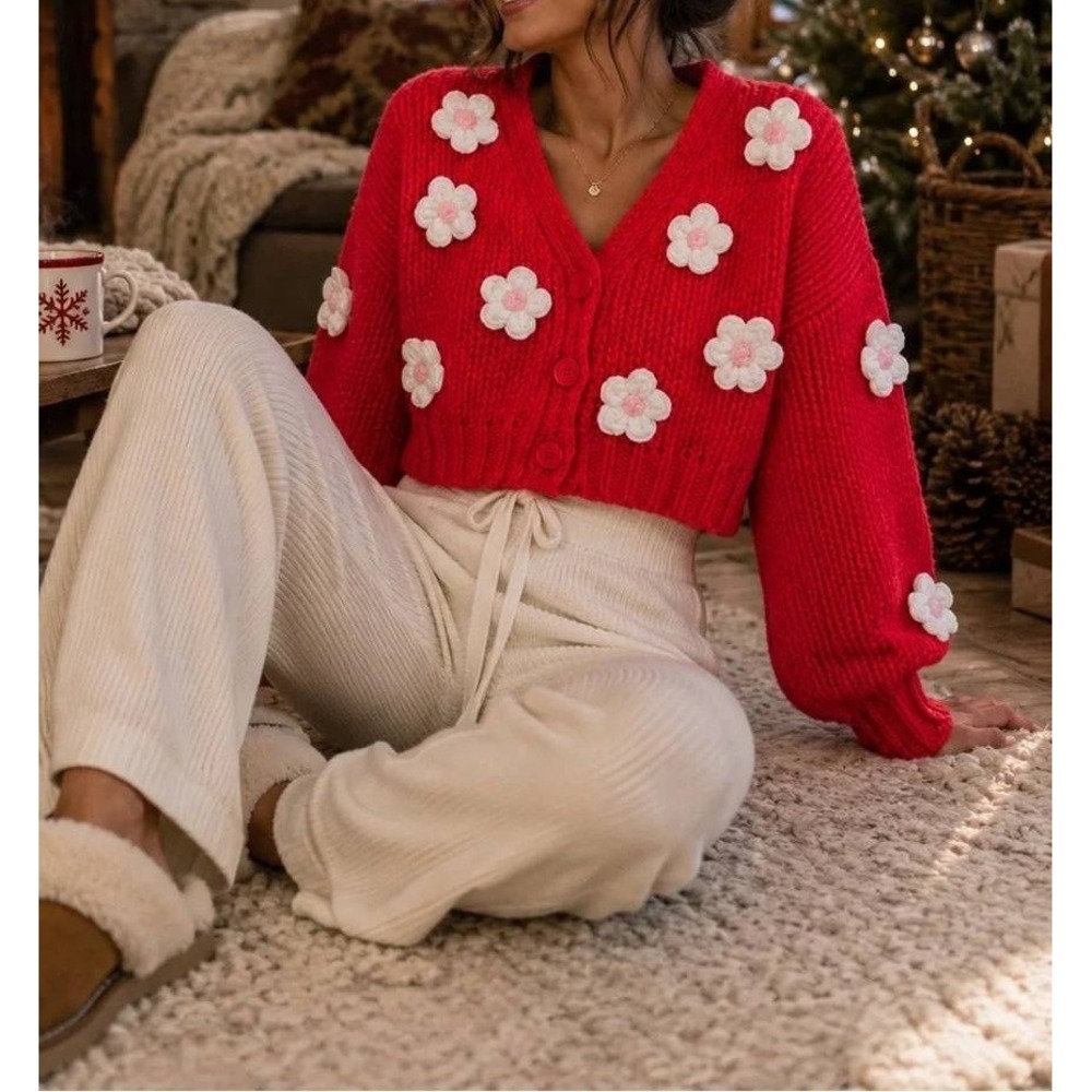 Luna Ivy Red Chunky Knit 3D Flower Cropped Cardigan Sweater Size XS Cottagecore